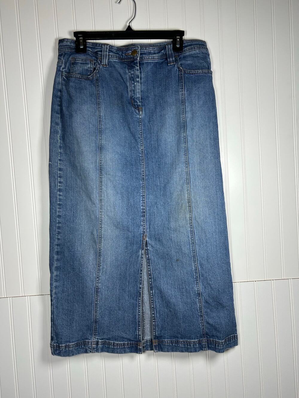 Vintage Villager Jean Full Length Skirt Size 12 Stretch Blue Denim Pockets Y2K